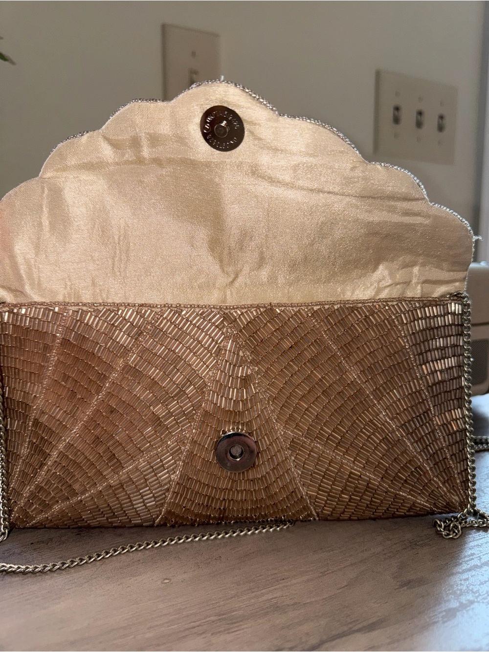 From St Xavier Beaded Scalloped Gold Evening Clutch with Crossbody Chain - Picture 2 of 8